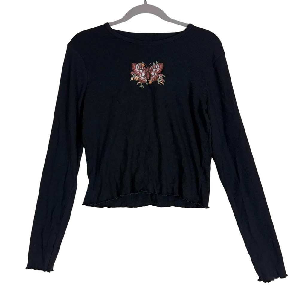 Arizona Jean Co Shirt Juniors XL Black Butterfly Embroidered Cropped Long Sleeve